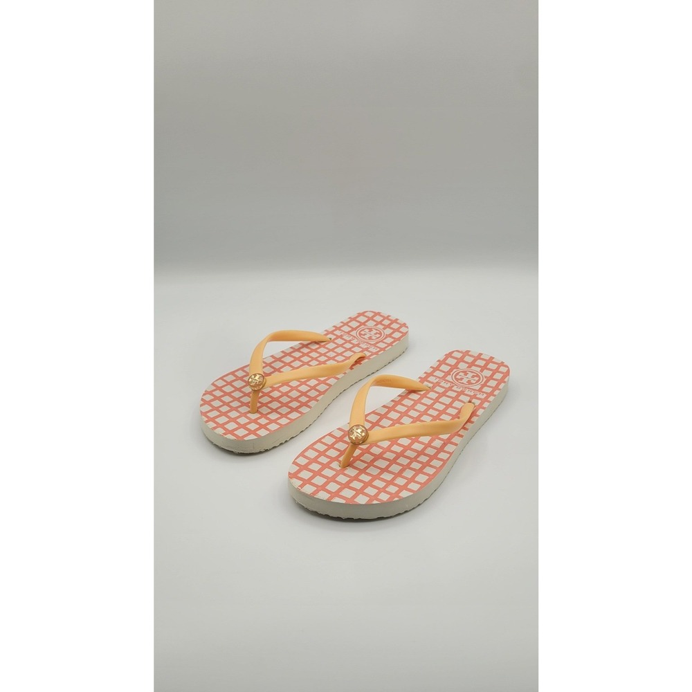 Tory Burch Flip Flops Womens 6 Orange Coral Checkered Logo Medallion Sandals